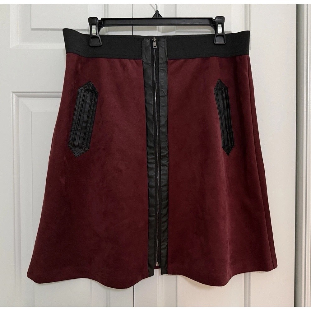 eci New York Womens Burg Blk Faux Suede Mini Skirt Elastic Full Zipper L Goth